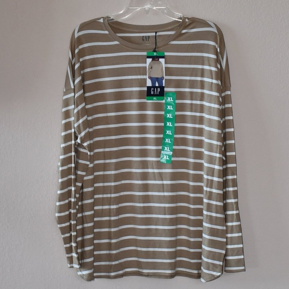 GAP Tan Striped Drop Shoulder LS Classic Crew Neck Curved Hem Soft Feel Top XL